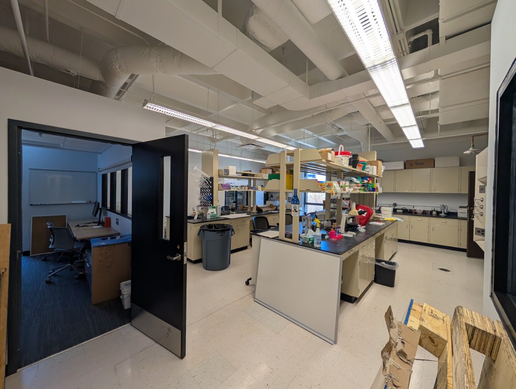 photo of lab space including benches and student area